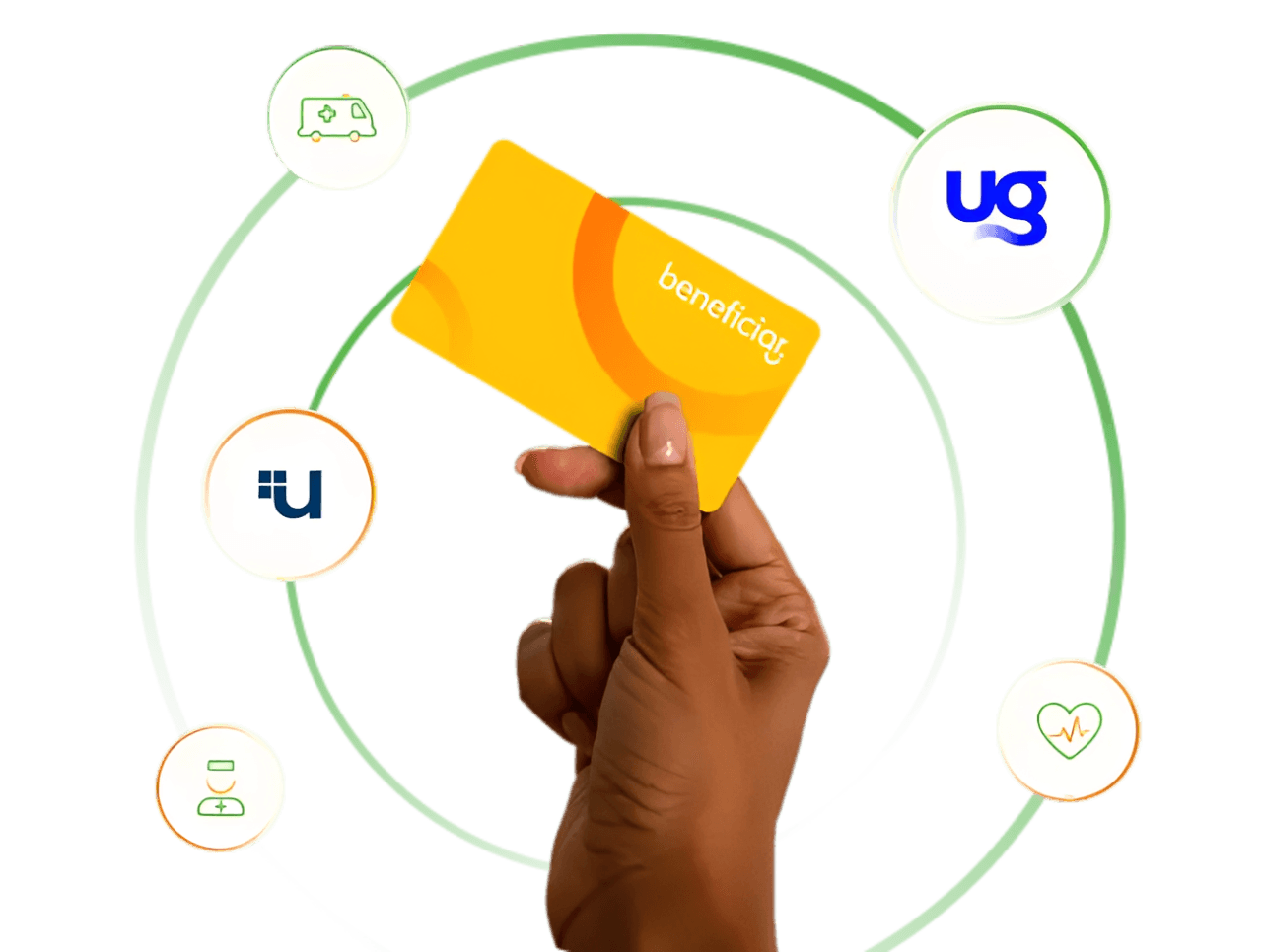 Mão segurando cartão Beneficiar
